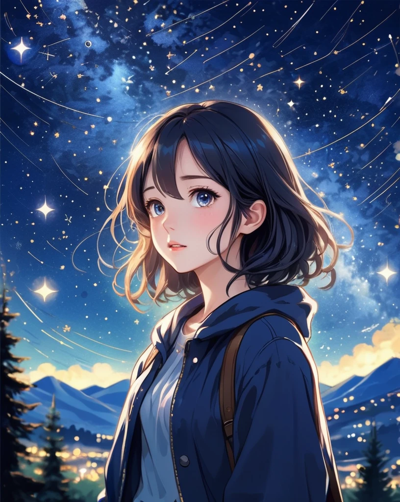 anime style 1girl, Design an image showcasing the allure of a starry night sky, with a myriad of twinkling stars, constellations, and the Milky Way.,masterpiece, best quality,