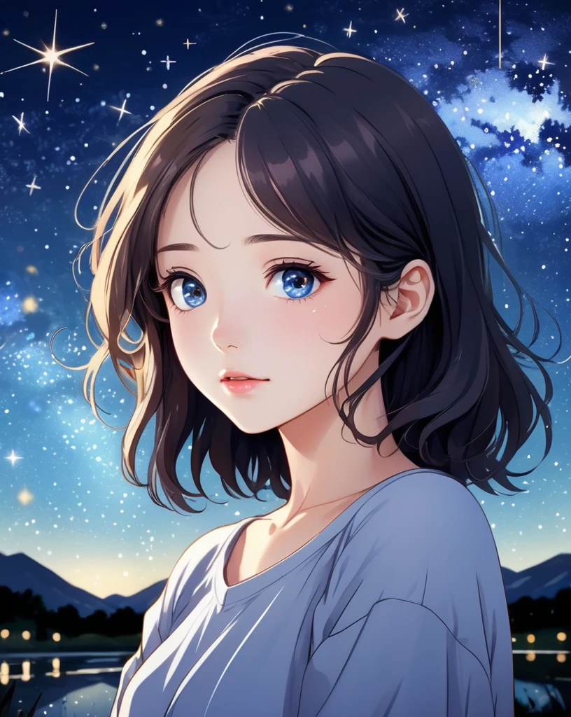 anime style 1girl, Design an image showcasing the allure of a starry night sky, with a myriad of twinkling stars, constellations, and the Milky Way.,masterpiece, best quality,