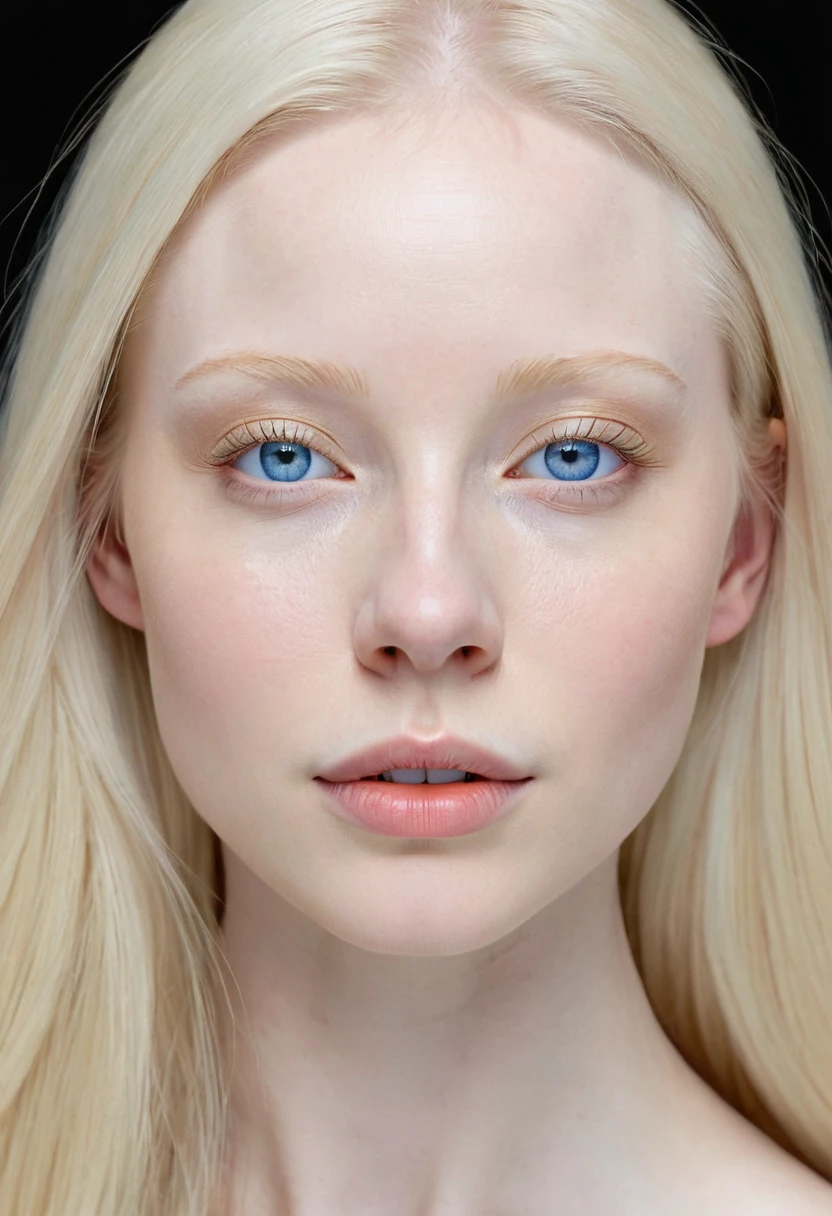 Extremely light albino woman, young, adult, neoteny, blue eyes, angelic face, fine features, thin nose, symmetrical face, small nose, perfect face, tenderness, smooth skin, perfect skin, very long light blonde hair,hyper realistic,centered front face, looking straight ahead,mouth shut