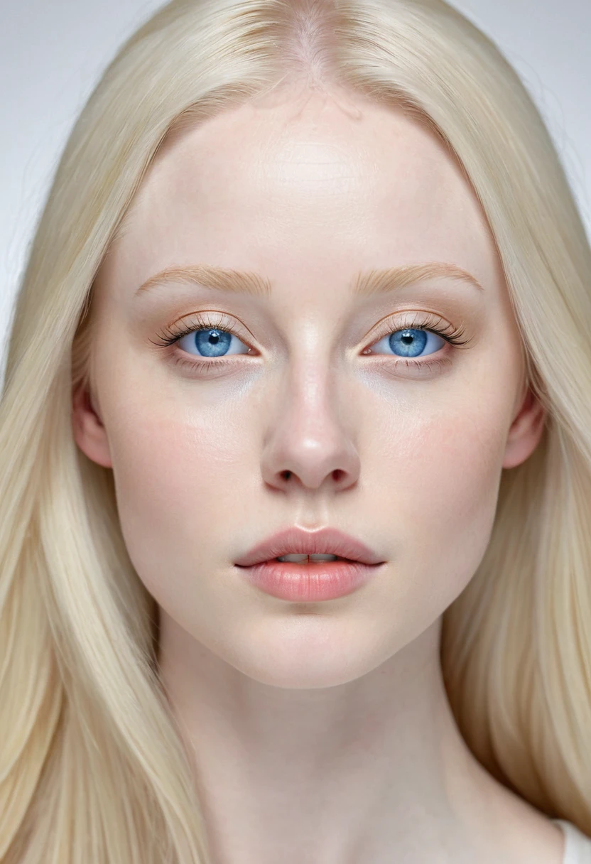 Extremely light albino woman, young, adult, neoteny, blue eyes, angelic face, fine features, thin nose, symmetrical face, small nose, perfect face, tenderness, smooth skin, perfect skin, very long light blonde hair,hyper realistic,centered front face, looking straight ahead,mouth shut
