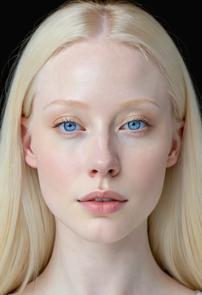 Extremely light albino woman, young, adult, neoteny, blue eyes, angelic face, fine features, thin nose, symmetrical face, small nose, perfect face, tenderness, smooth skin, perfect skin, very long light blonde hair,hyper realistic,centered front face, looking straight ahead,mouth shut