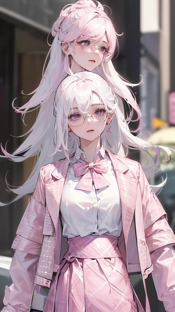 Photograph of the upper body of a beautiful woman, , [see through](white shirt:1.47),(pink plaid skirt:1.47),(pink jacket:1.47) big breasts, (small waist, perfect body), earring, Sharp focus, (tall body, mature woman), ((Looking ahead)), (Highly detailed skin, hair follicles:1.4,white skin) (long white hair,purple eyes) wear glasses