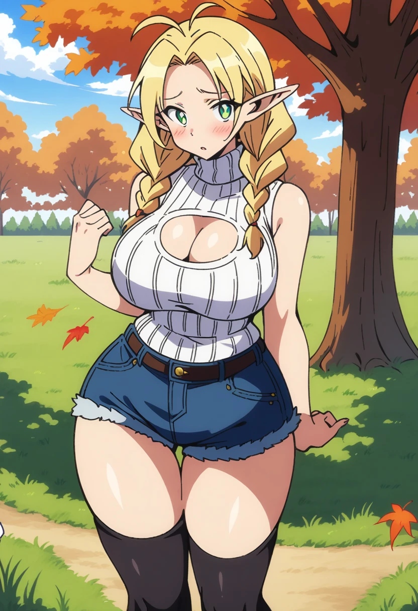 (anime art style), masterpiece, best quality, very aesthetic, absurdres, dynamic shadows, atmosferic, marcille donato, ((1girl)), antenna hair, blonde hair, long hair, braid, twin braids, parted bangs, green eyes, pointy ears, curvy body, large breasts, sexy, cleavage, white sneakers, turtleneck sweater, striped sweater, white sweater, cutout on cleavage, micro shorts, denim shorts, black thighhighs, bare arms, borrowed, embarrased, intense blush, ((feet out of frame)), (from front), (grass), (afternoon), (autumn), (trees), (clouds), (looking at viewer:1.0)