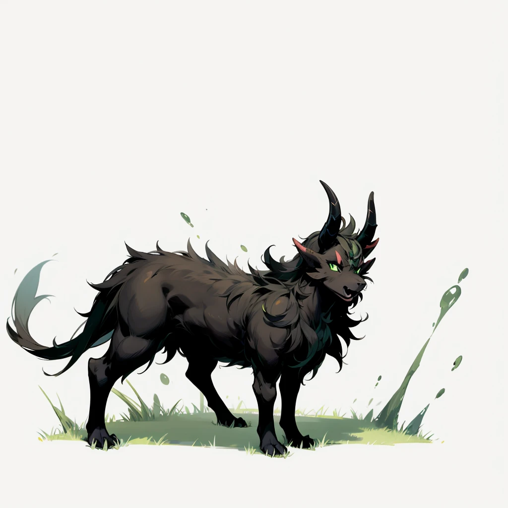 pokemon evolution, black and white skin, green eyes, has horns, Grassroots, no background 