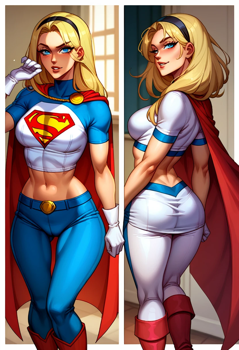 score_9, score_8_up, score_7_up, source_cartoon, BREAK 1girl, solo, Supergirl \(DC Animated Universe\), (long blonde hair:1.2), (black hairband:1.2), (white crop top, short sleeves:1.2), (short red cape:1.2), (short skirt, tight, blue, lycra:1.2), (white gloves:1.2), (red boots:1.2), looking at viewer, parted lips, mature woman, hot, in her bedroom, model poses, midshot.