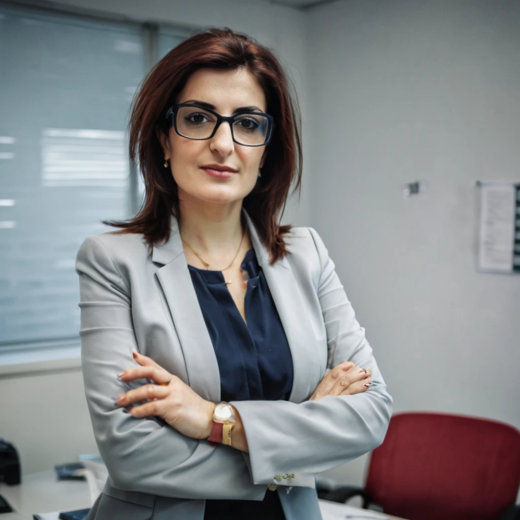 Glasses Nesrin cevadzade standing in office 