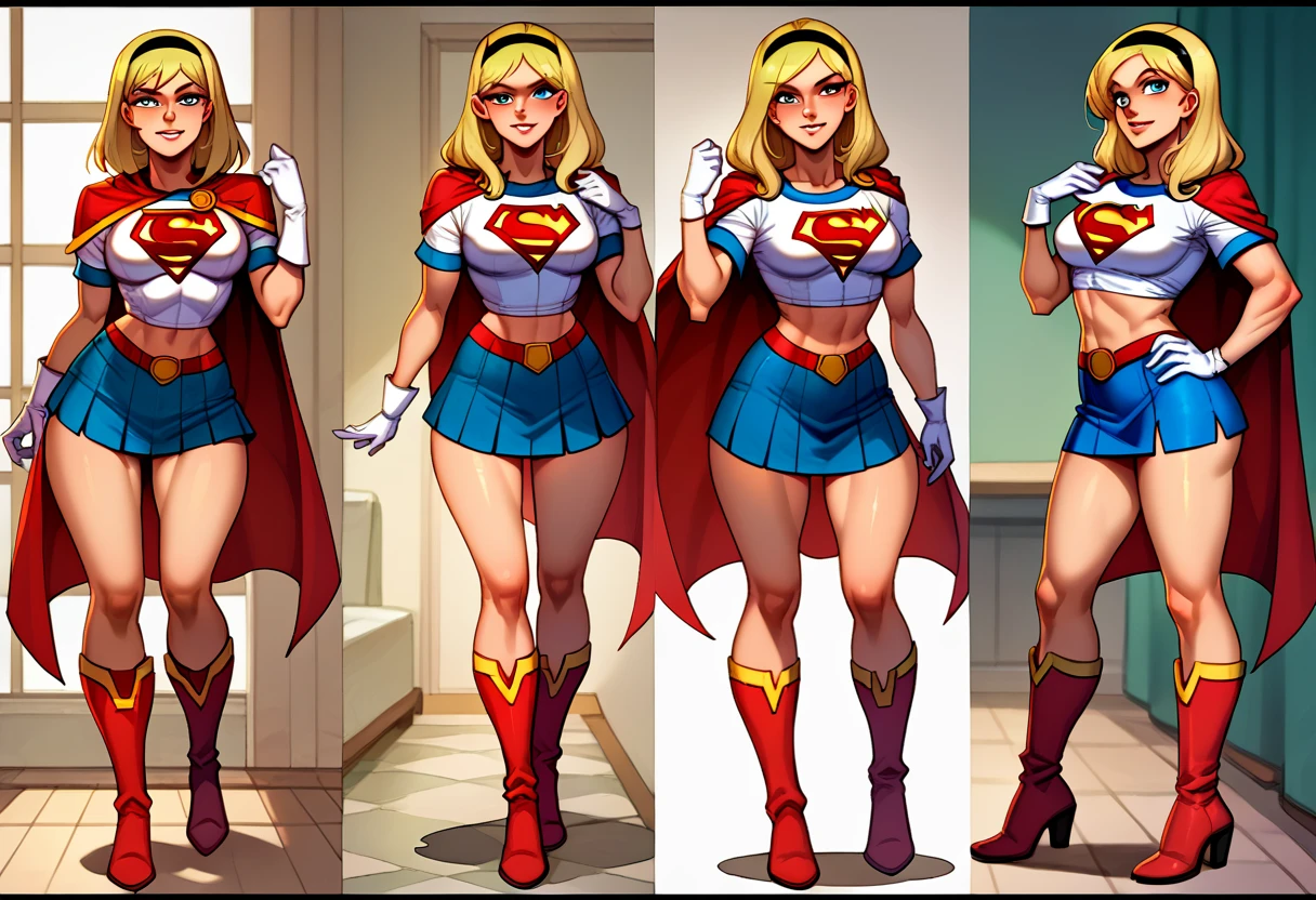 score_9, score_8_up, score_7_up, source_cartoon, BREAK 1girl, solo, Supergirl \(DC Animated Universe\), (long blonde hair:1.2), (black hairband:1.2), (white crop top, short sleeves:1.2), (short red cape:1.2), (short skirt, tight, blue, lycra:1.2), (white gloves:1.2), (red boots:1.2), looking at viewer, parted lips, mature woman, hot, in her bedroom, model poses, midshot.