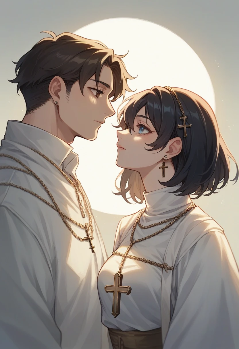 Create a couple made up of a woman with dark hair, light skin, blue eyes and Arabic features wearing novice clothes with a crucifix around her neck, and a white man with short wavy dark hair, light skin, brown eyes and white clothes in front to each other realistic