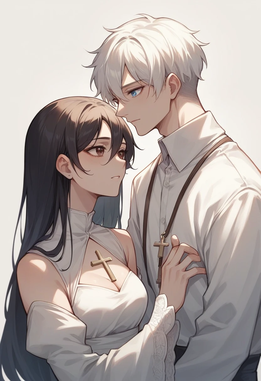 Create a couple made up of a woman with dark hair, light skin, blue eyes and Arabic features wearing novice clothes with a crucifix around her neck, and a white man with short wavy dark hair, light skin, brown eyes and white clothes in front to each other realistic
