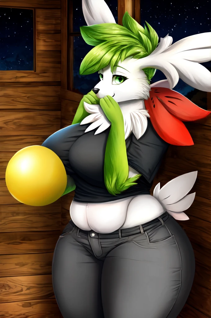 ((best quality)), ((masterpiece)), (detailed), (shaymin:1.1), furry female, anthro, red flower petal, Shaymin, pokemon_(creature), pokemorph, seductive smile, relaxed, flirty, black shirt, gray pants, green eyes, green hair, feminine body, big breasts, wide waist, wide hips, massive thighs, big ass, slightly fat body, (blowing yellow balloon, looner, large balloon), wooden house interior, looking at viewer, night, green eyes, animal ears, 