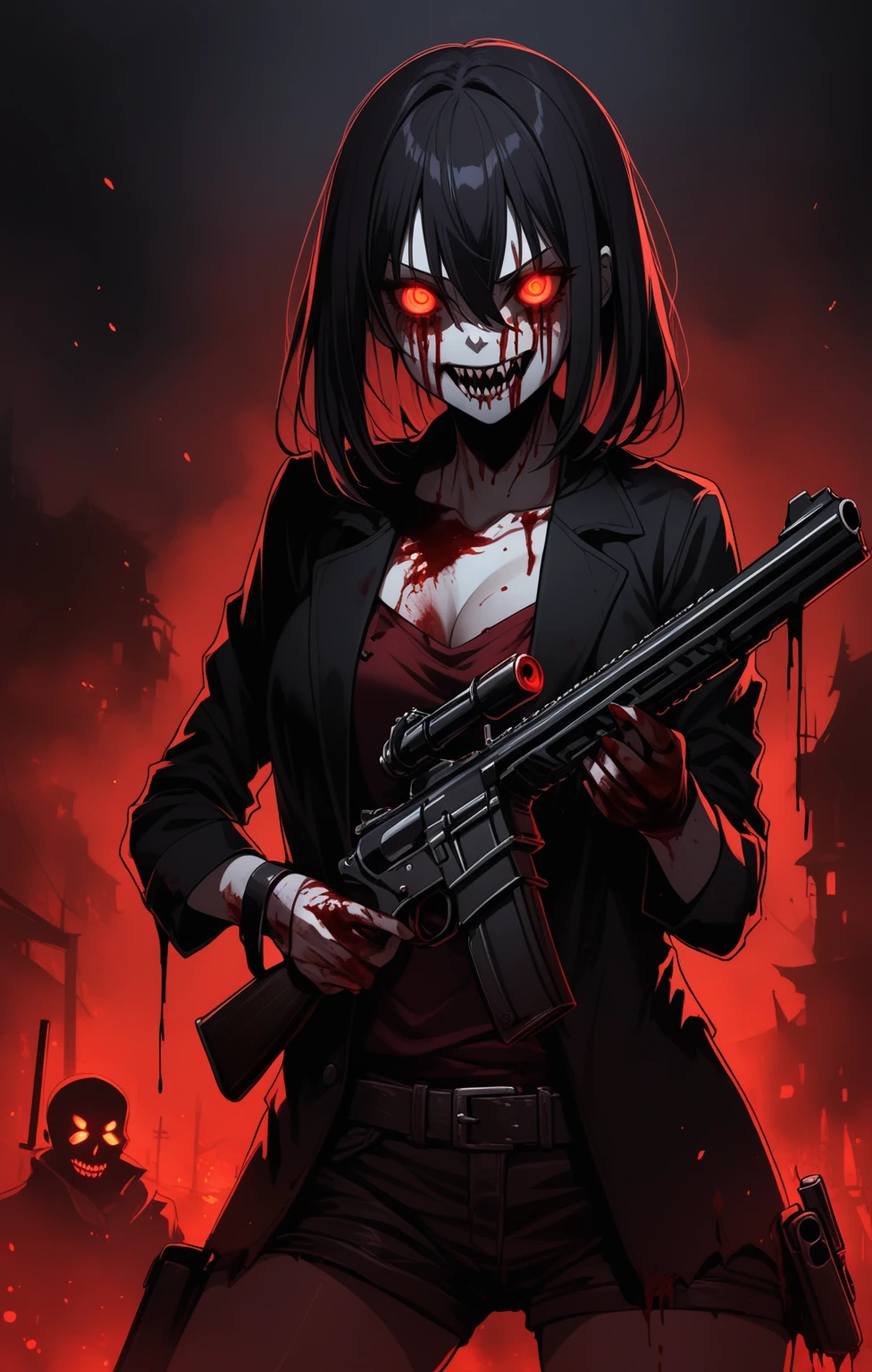 1girl , Dark Bloody , dark , holding 2 gun , scary face, dark vibe , glowing eyes , gunslingger