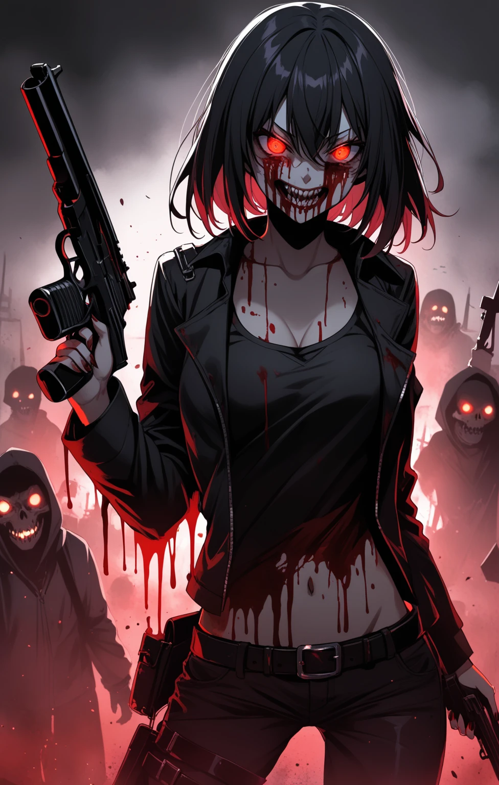 1girl , Dark Bloody , dark , holding 2 gun , scary face, dark vibe , glowing eyes , gunslingger