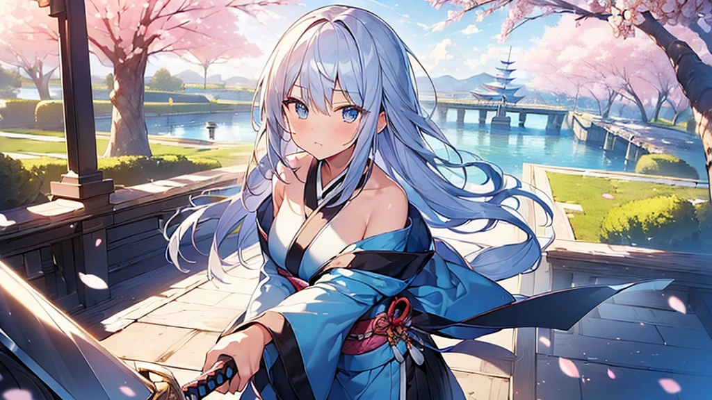(masterpiece, Highest quality: 1.5) , , Dynamic pose, 1 beautiful girl(Grasp the sword:1.3), Alone wearing a Japanese kimono, Silver Hair, (Blue too :1.3), Off the shoulder, Long Hair, Wavy Hair, (Middle school students:1.2), Medium chest, Standard weight, (anger), Beautiful view of cherry blossoms, Amazing panoramic views, SakuraFubuki:1.2