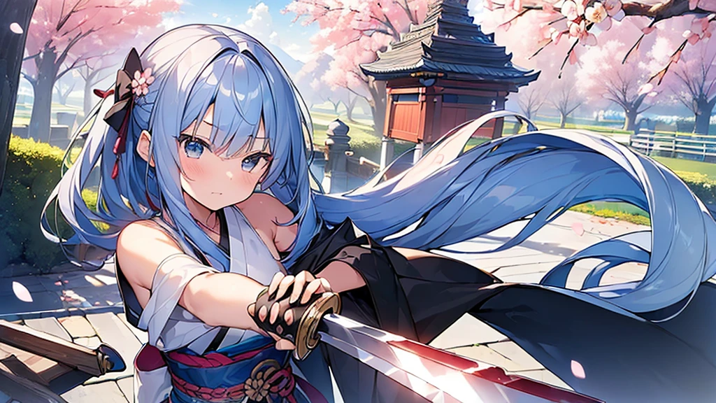 (masterpiece, Highest quality: 1.5) , , Dynamic pose, 1 beautiful girl(Grasp the sword:1.3), Alone wearing a Japanese kimono, Silver Hair, (Blue too :1.3), Off the shoulder, Long Hair, Wavy Hair, (Middle school students:1.2), Medium chest, Standard weight, (anger), Beautiful view of cherry blossoms, Amazing panoramic views, SakuraFubuki:1.2