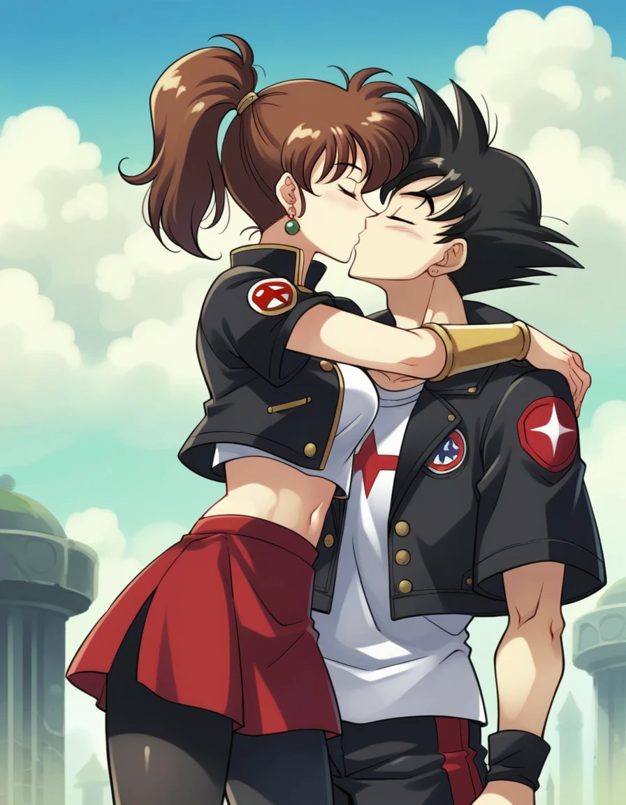 zPDXL, score_9, score_8_up, score_7_up, source_anime, 8k, absurdres, anime coloring, 1980s \(style\), retro artstyle, 
kale, dragon ball super, db super style, kissing a boy, masterpiece high quality, absurdres, girl, red skirt, black hair, navel, ponytail, earrings, sky, day, midriff, cloud, blue sky, red_crop_top, bike_shorts, gold_bracer, bike shorts under skirt; kissing, kiss, boy, masterpiece, brown hair, short hair, black jacket, black pants, shirt, open jacket, multiple characters, both kissing
