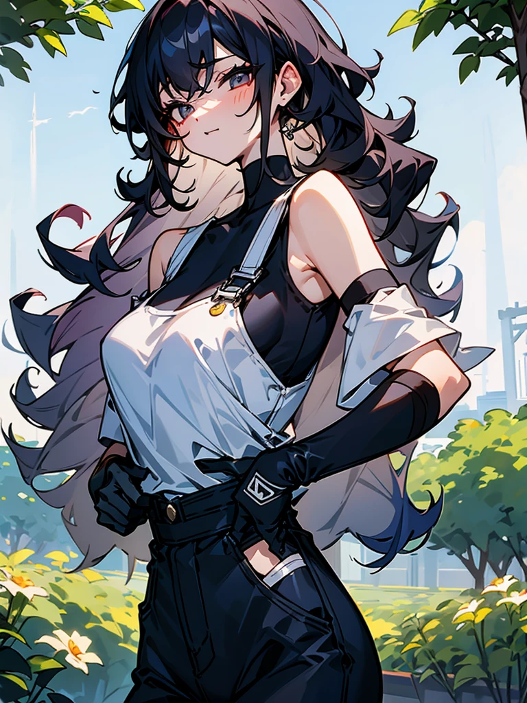 Slender beautiful girl、 Generation、athlete、sleeveless Black T-shirt、Overalls、Off the shoulder、Gloves in hand、Curly Hair、Garden、Short stature、白いノースリーブのジップアップパーカー、ネックレス、笑う