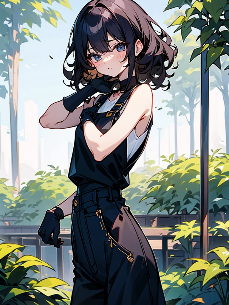 Slender beautiful girl、 Generation、athlete、sleeveless Black T-shirt、Overalls、Off the shoulder、Gloves in hand、Curly Hair、Garden、Short stature、白いノースリーブのジップアップパーカー、ネックレス、笑う