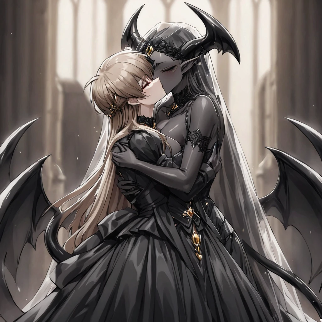 ((Highest quality)), ((masterpiece)), (detailed), (Perfect Face)、The woman is a sexy devil with jet black skin、The woman is a jet-black female demon with magnificent devil horns, jet-black devil wings, and a jet-black tail. Her skin is jet-black, and she is wearing a luxurious black Gothic Victorian wedding dress and a black wedding veil. She is embracing the dignified and powerful Great Demon King, kissing him in oath, and getting married to him. She is the jet-black demon Princess Leona, with medium-long light brown hair, a demon in both body and mind, and has the expression of a maiden in love.、The man is a dignified and powerful demon king, embracing the woman and kissing her in a wedding ceremony.