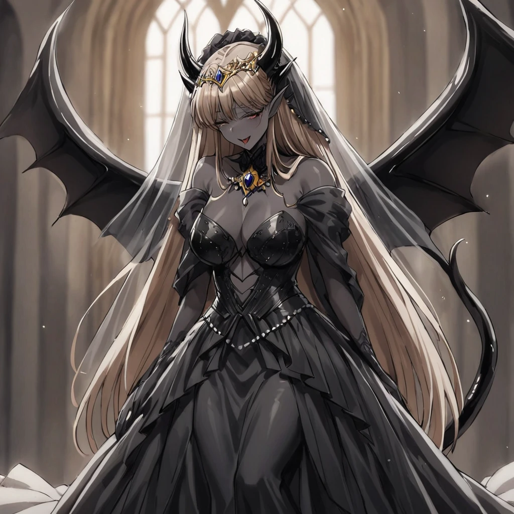((Highest quality)), ((masterpiece)), (detailed), （Perfect Face）、The woman is a sexy devil with jet black skin、The woman is a jet-black female demon with magnificent devil horns, jet-black devil wings, and a jet-black tail. Her skin is jet-black, and she is wearing a luxurious black Gothic Victorian wedding dress and a black wedding veil. She is embracing the dignified and powerful Great Demon King, kissing him in oath, and getting married to him. She is the jet-black demon Princess Leona, with medium-long light brown hair, a demon in both body and mind, and has the expression of a maiden in love.、The man is a dignified and powerful demon king, embracing the woman and kissing her in a wedding ceremony.