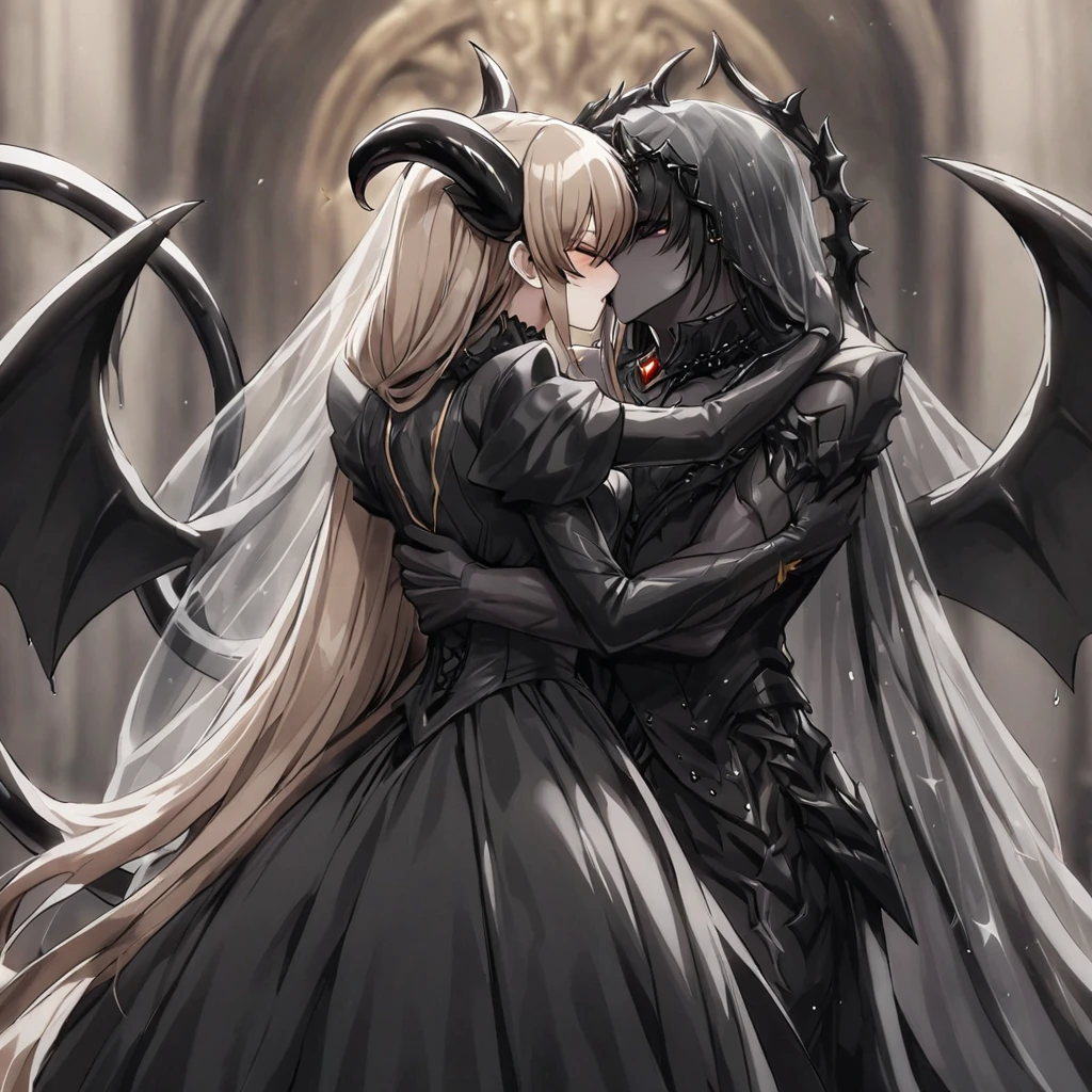 ((Highest quality)), ((masterpiece)), (detailed), (Perfect Face)、The woman is a sexy devil with jet black skin、The woman is a jet-black female demon with magnificent devil horns, jet-black devil wings, and a jet-black tail. Her skin is jet-black, and she is wearing a luxurious black Gothic Victorian wedding dress and a black wedding veil. She is embracing the dignified and powerful Great Demon King, kissing him in oath, and getting married to him. She is the jet-black demon Princess Leona, with medium-long light brown hair, a demon in both body and mind, and has the expression of a maiden in love.、The man is a dignified and powerful demon king, embracing the woman and kissing her in a wedding ceremony.