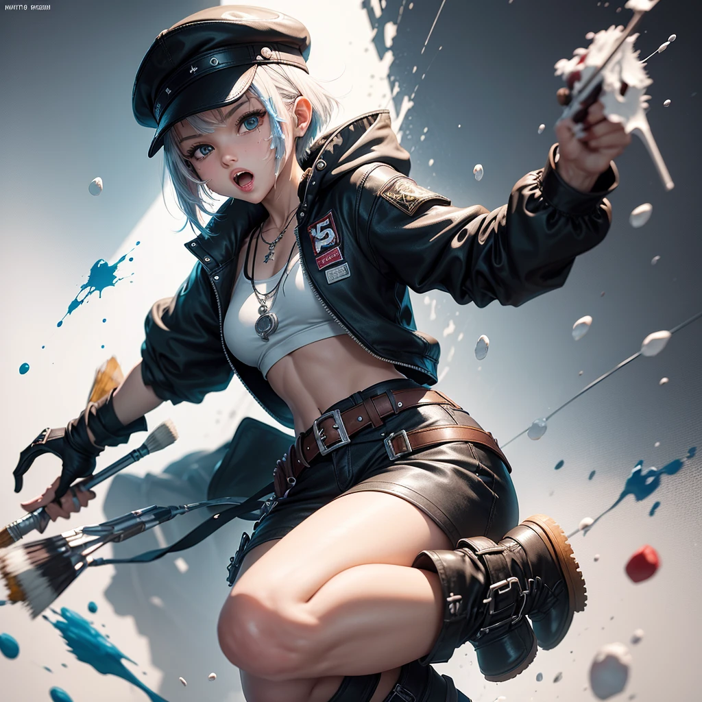 PictomancerFFXIV, 1girl, solo, short hair, open mouth, simple background, gloves, hat, white background, navel, jewelry, jacket, full body, black pony tail and braids hair, boots, midriff, belt, pants, fingerless gloves, necklace, paintbrush, paint drip, paint splash, paint splatter, masterpiece, best quality , official art ,