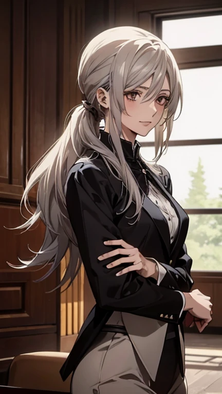 (Confused, High resolution, Very detailed), 1 female, Silver Hair,Long Hair,Reddish brown eyes,Dark colored suit,secretary,Low Ponytail,24th generation,Beautiful woman,mature,thin,quiet,Calm,Small breasts,A small smile,Reception room,