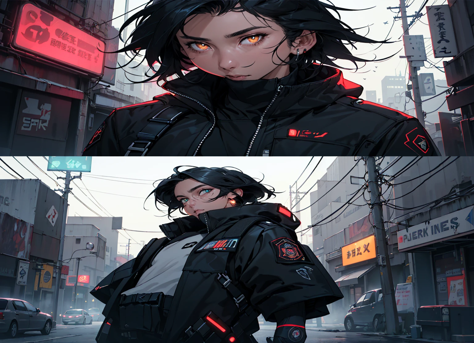 ((best qualityer)), ((work of art)), (detailded), ((game dev concept art)) ((Semi realism)) ((8k)) ((dark city)) ((dark sky)) Japanese girl, Black voluminous emo hair, eyes with yellow pupils, cyberpunkstyle, all-black clothes with red neons, Military Details + backpack full balck and leather with neon lights + black hole emblem, space police style + metal arm black color and carbon, bio mechanic, neon lights + blur background city, realistic + semi realistic face, better eyes