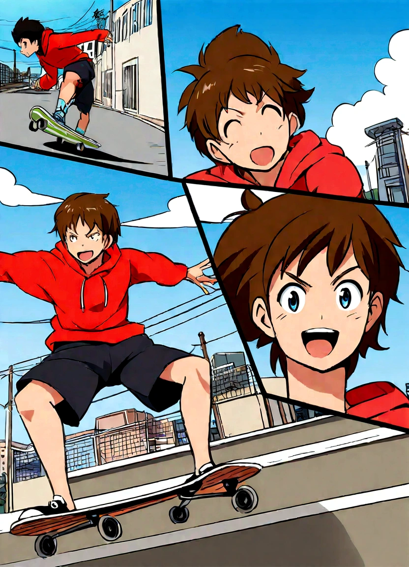 Illustrate a dynamic scene of a boy skateboarding in mid-air, anime-style. The boy should have a big smile, brown hair, and be dressed in a red hoodie and black shorts, capturing the same energy and pose as the girl in the reference image. The backdrop should include a bright blue sky, power lines, and urban buildings drawn in a sketchy, detailed manner. Keep the colors and vibrant atmosphere consistent with the original artwork."