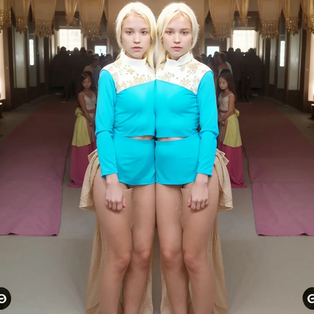 2heads, two headed girl, mom and daughter, (different ages:1.5), (one torso:1.5), (female:1.5), (caucasian:1.5), (two heads on one body:1.4), conjoined twins, heads side by side, one torso, young, uncomfortable, barefoot