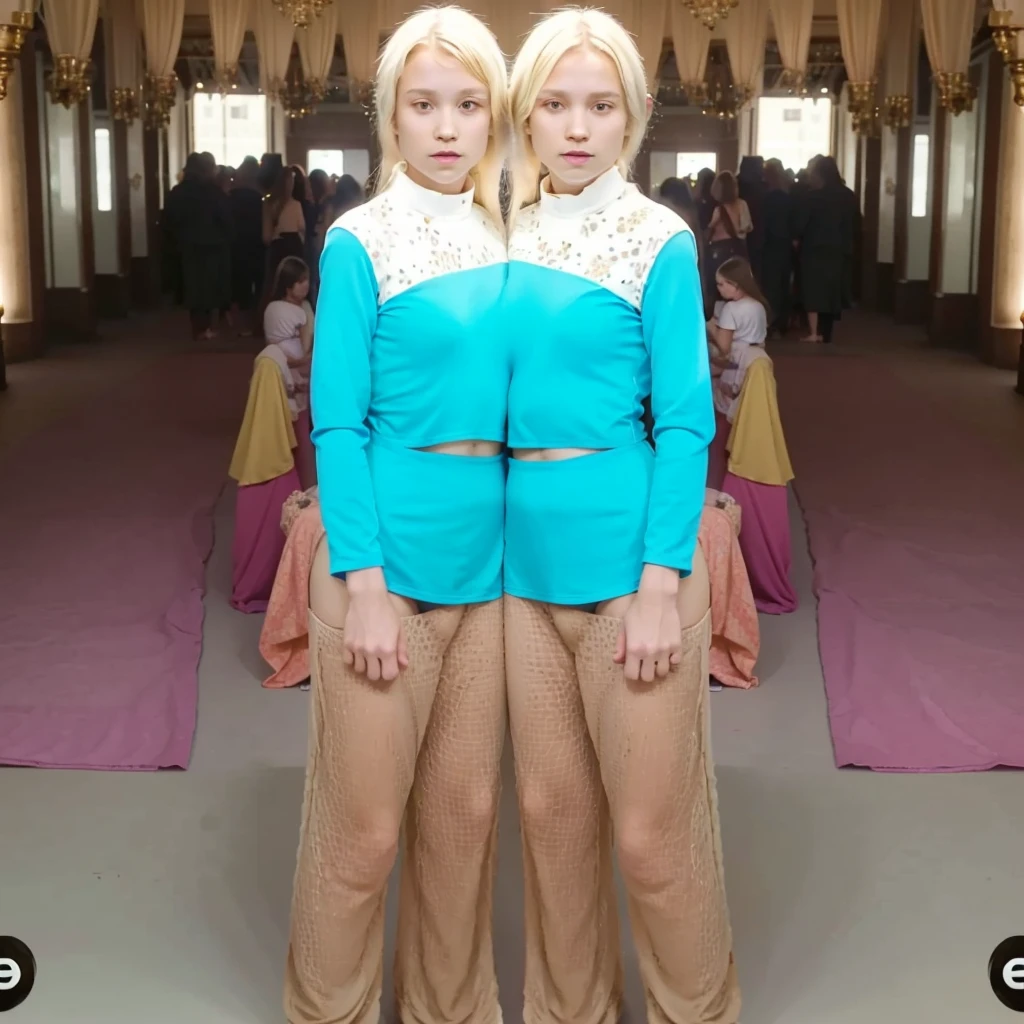 2heads, two headed girl, mom and daughter, (different ages:1.5), (one torso:1.5), (female:1.5), (caucasian:1.5), (two heads on one body:1.4), conjoined twins, heads side by side, one torso, young, uncomfortable, barefoot