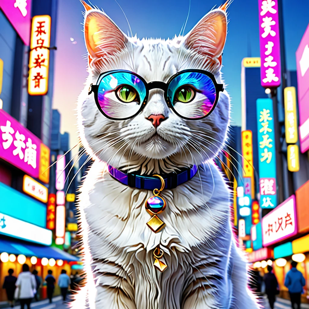 Naneki Neko with glasses,a cat luck, bright colorful, futuristic city,lucky,ultra detailed, realistic, high resolution, cinematographic,