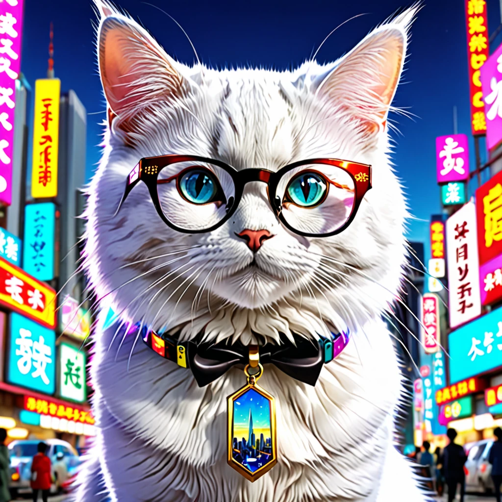 Naneki Neko with glasses,a cat luck, bright colorful, futuristic city,lucky,ultra detailed, realistic, high resolution, cinematographic,