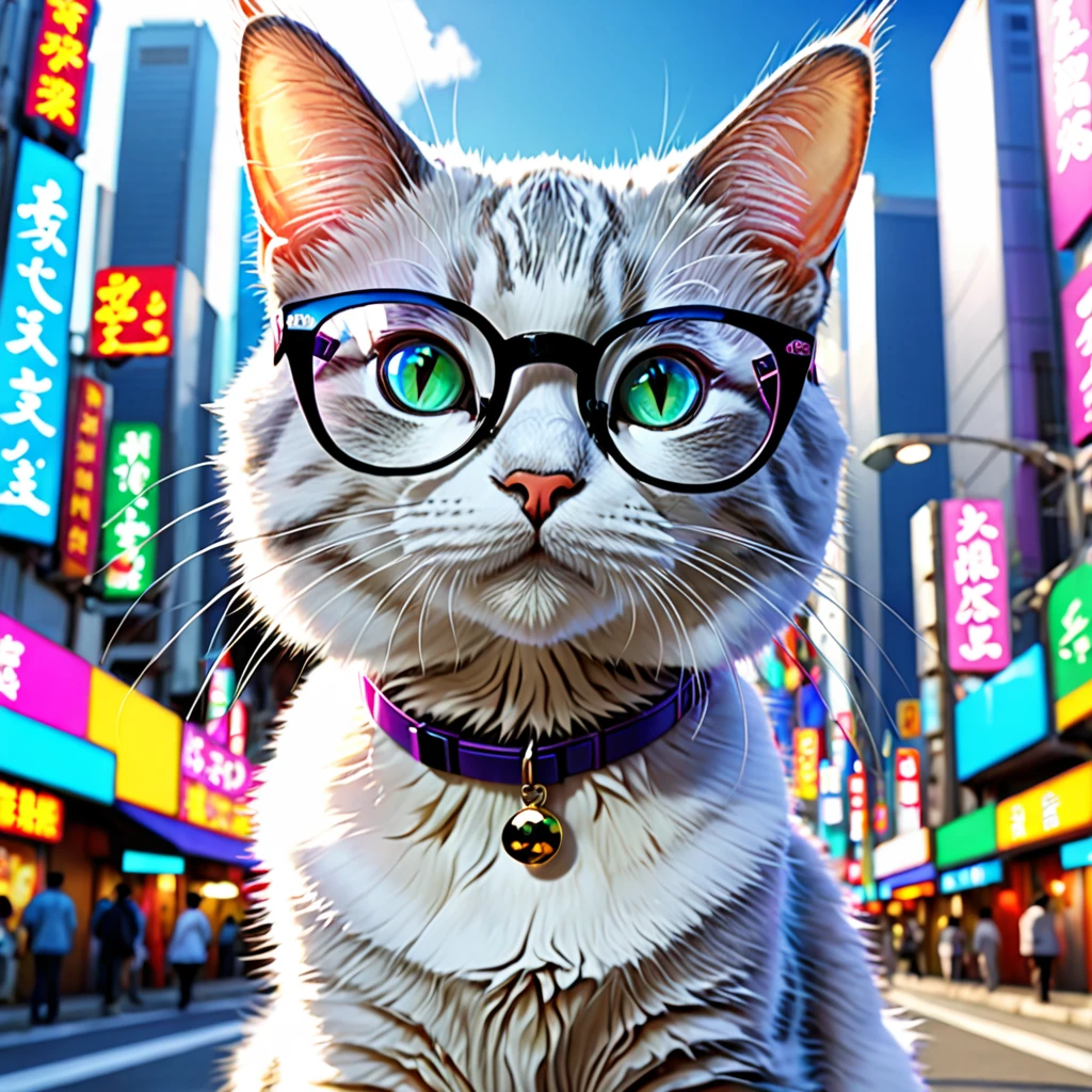 Naneki Neko with glasses,a cat luck, bright colorful, futuristic city,lucky,ultra detailed, realistic, high resolution, cinematographic,