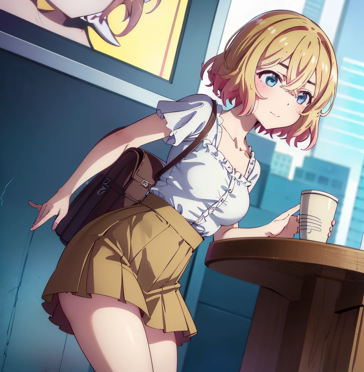 ((1girl)),((alone)),mami nanami, ultra detailed, sharp focus, detailed background, detailed eyes, masterpiece, dynamic posture, curvy body, perfect fingers, cowboy shot, hands on waist, looking at spectator, short hair, aqua eyes, blonde hair, hair between the eyes, medium breasts, narrow waist, wide hips, wide thighs, ((brown skirt with beige details, short skirt, shirt, collarbone, white shirt, neckline, short sleeves , green ruffles, brown loafers, socks, white socks, corset )), ((solo)),((standing, outdoors, cityscape, Japanese city, good lighting, mild climate)), sideways, blush, expression seductive, smile, mouth closed, dutch angle, looking back, from behind, ((focus on ass)), ((round butt)), pov (from below), perfect anatomy, perfect hands