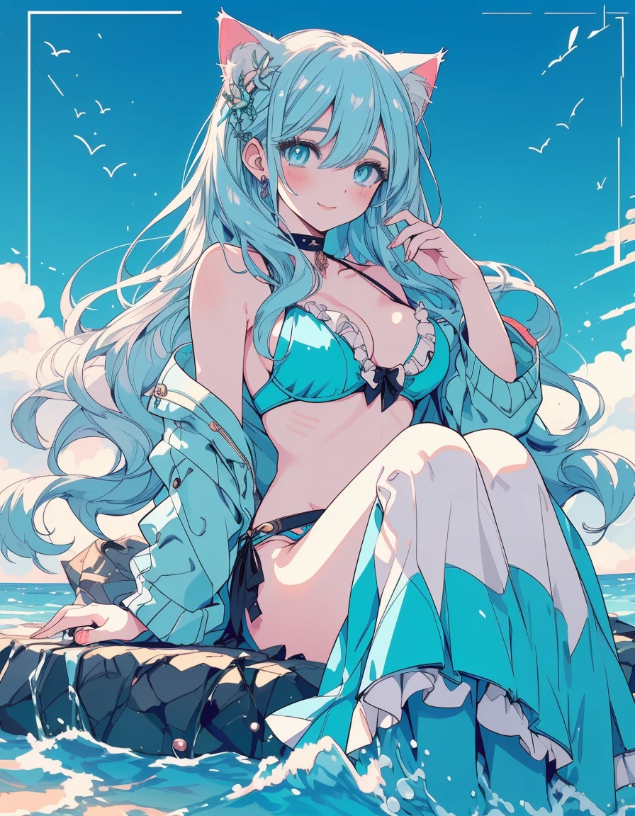 cyber punk, Undine and mermaid, bikini, smile, fullbody, ((masterpiece, best quality:1.5)), ((Beautiful detailed cat aqua eyes:1.2)), cat ears, pale skin, medium breasts, beautiful hands, beautiful fingers, EasyNegative