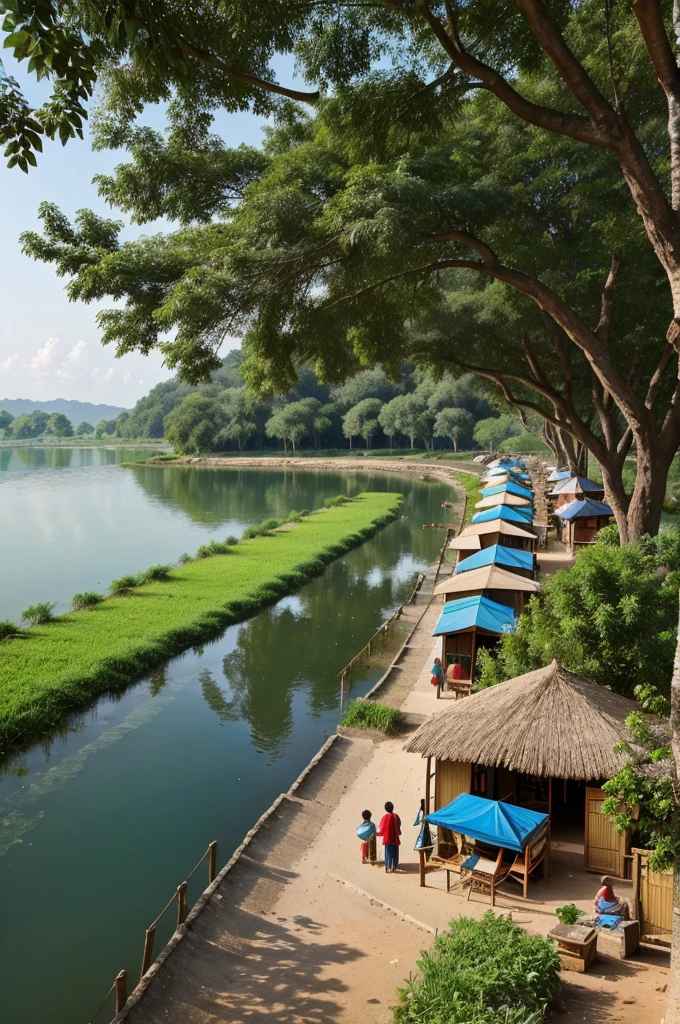 A village opposite a village which a divided by a big lake and a boat is ceiling between the two village with many people the villages are Indian villages and their are many people waiting for the board to go to another post and the village are facing each other