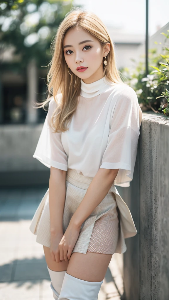 (8k, RAW photo, photorealistic:1.25) ,( lipgloss, eyelashes, gloss-face, glossy skin, best quality, ultra highres, depth of field, chromatic aberration, caustics, Broad lighting, natural shading, knee boots,short skirt,blonde hari) standing ,whole body