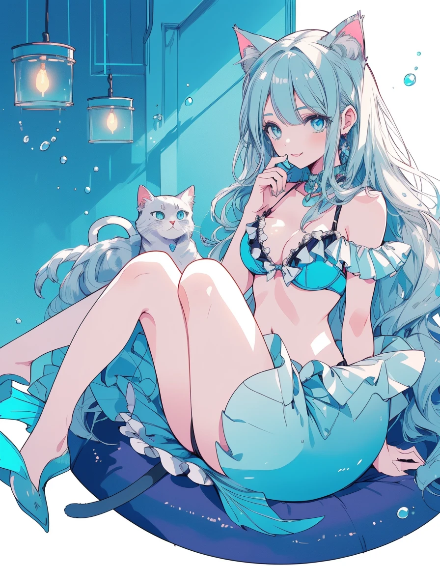 cyber punk, Undine and mermaid, bikini, smile, fullbody, ((masterpiece, best quality:1.5)), ((Beautiful detailed cat aqua eyes:1.2)), cat ears, pale skin, medium breasts, beautiful hands, beautiful fingers, EasyNegative