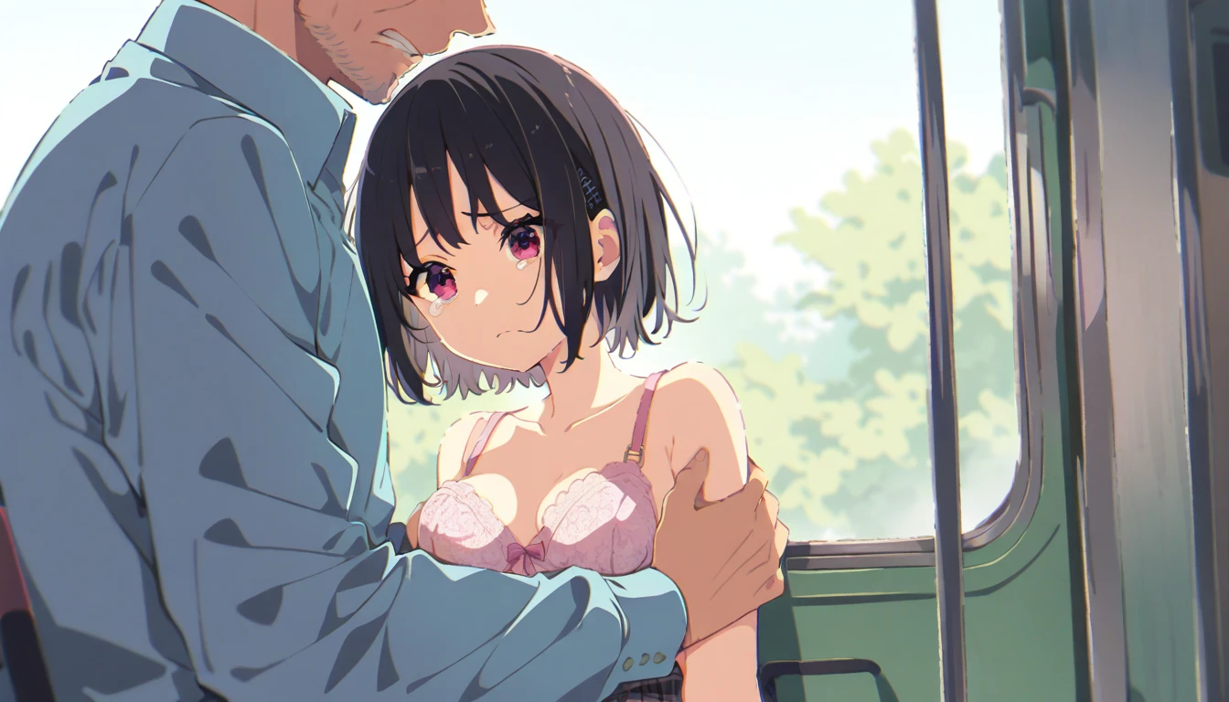 A middle-aged man is grabbing the breasts of a girl with a floral bra, no underwear, a blue checked skirt, erect nipples, short black hair, small breasts, and light pubic hair, who is crying in disgust on a train.