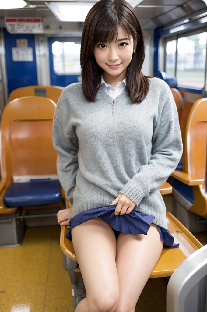 ((Highest quality)), (detailed), 1 Japan, sexy、ass pov, school girl, in a train, sitting on a seat, (long seat:1.5), Beautiful Skin, Double eyelids, camel toe, navy pleated skirt, spread legs, (exposured panties:1.4), panty pull, blush, (smile:0.8), embarrassed, realistic