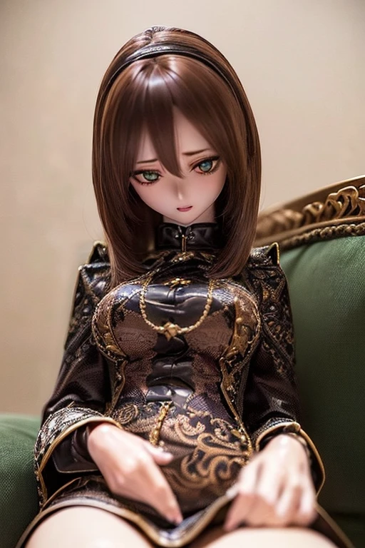 photorealistic, realistic photo, ((highest quality)), ((masterpiece)), (extremely detailed), kukolnydom, doll, (mature woman:1.7), solo, ((cowboy shot)), (skinny, slender, brown hair, medium hair, sitting on sofa, reclining on sofa), green eyes, parted lips, (looking down, blank eyes, empty eyes, detailed eyes:1.3), dress, castle, 8k