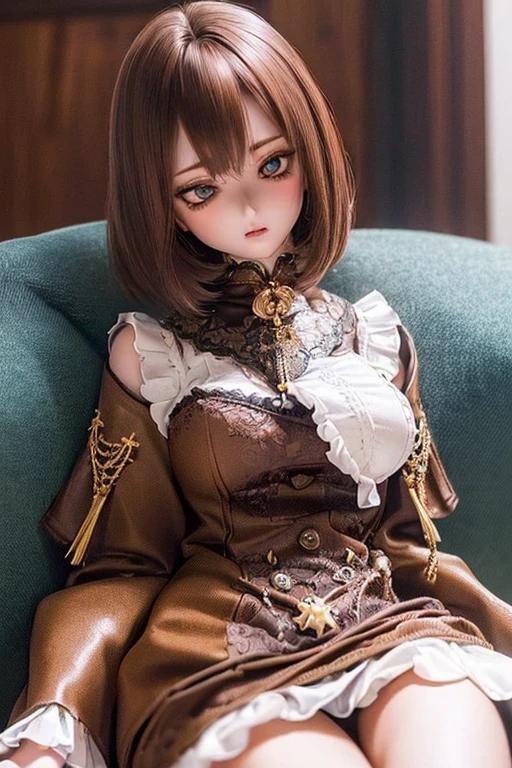 photorealistic, realistic photo, ((highest quality)), ((masterpiece)), extremely detailed, kukolnydom, doll, (mature woman:1.6), solo, ((cowboy shot)), sitting on sofa, reclining on sofa, skinny, slender, slim, green eyes, brown hair, parted lips, (looking down, blank eyes, empty eyes, detailed eyes:1.3), dress, castle, 8k