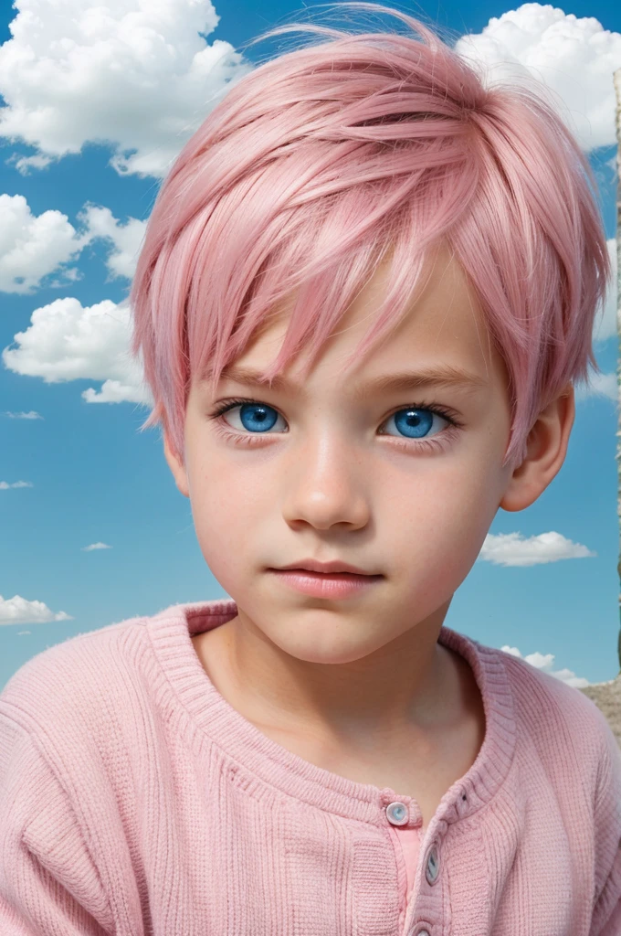 A boy on cloud with pink colour hair, blue eyes