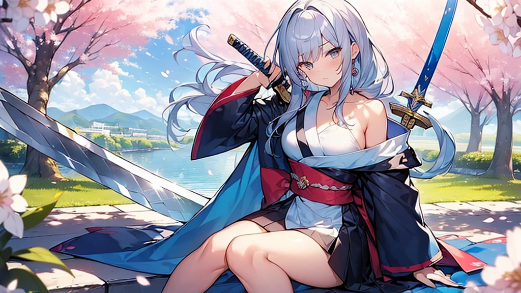{{{masterpiece}}}, {{{best quality}}}, {{ultra-detailed}}, {illustration}, {{an extremely delicate and beautiful}},(Edo townscape),1girl,smile, cute girl, solo, japanese clothes,short hair, (white hair:1.5),weapon,( sword:1.2), brown eyes, looking at viewer, kimono,(Clothes come off:1.5), brown hair, lips, hand on hip,( sheath:1.2),( katana:1.3), full body, closed mouth, sheathed, hand up,(upskart:1.5),(white panties:1.2),(Kneeling:1.3)