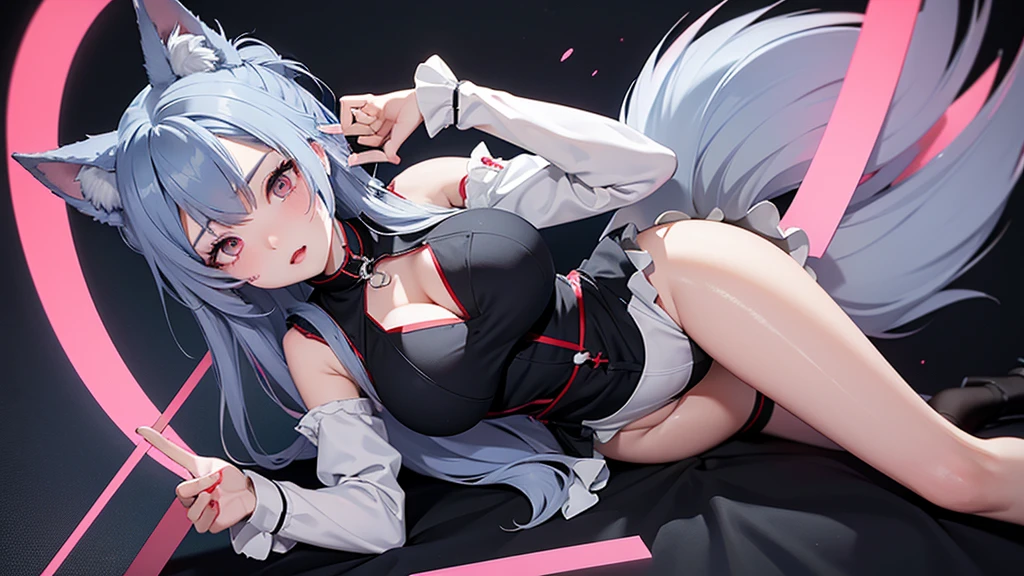 ２D Anime character key visual。Full body photography、Side High Angle。Main colorBlack、Sub-color: Red、Touch color blue。Gray Hair、Short updo hairstyle。Wolf ears。Maid outfit to seduce men。Big breasts girl body。blush、Looking up。A pose to seduce a man。