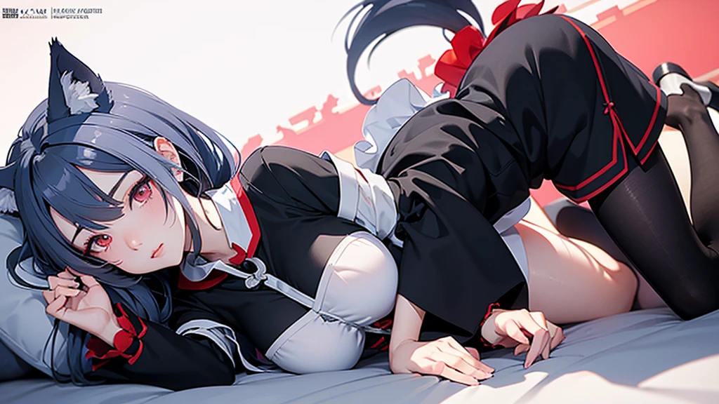 2D Anime character key visual。Full body photography、Side High Angle。Main colorBlack、Sub-color: Red、Touch color blue。Gray Hair、Short updo hairstyle。Wolf ears。Maid outfit to seduce men。Big breasts girl body。blush、Looking up。A pose to seduce a man。