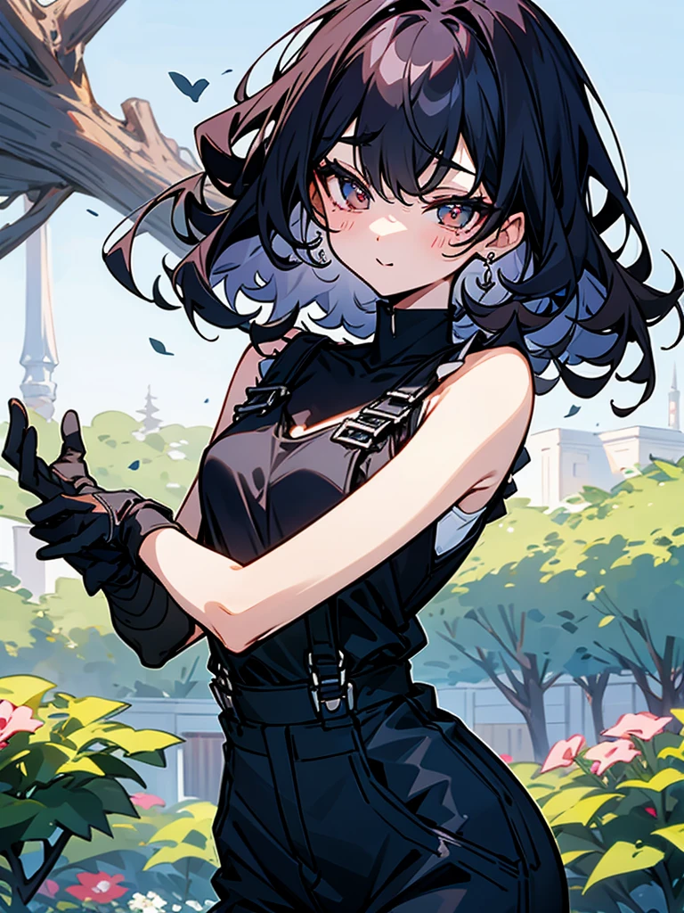 Slender beautiful girl、10th Generation、athlete、sleeveless Black T-shirt、Overalls、Off the shoulder、Gloves in hand、Curly Hair、Garden、Short stature、白いノースリーブのジップアップパーカー、ネックレス、笑う