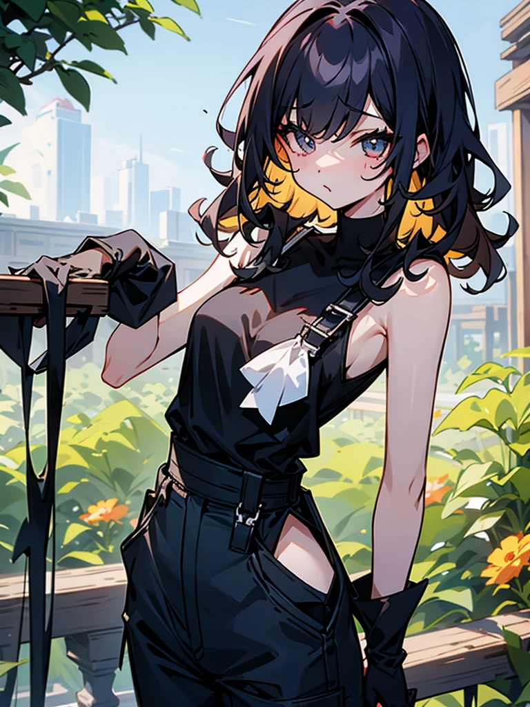 Slender beautiful girl、 Generation、athlete、sleeveless Black T-shirt、Overalls、Off the shoulder、Gloves in hand、Curly Hair、Garden、Short stature、白いノースリーブのジップアップパーカー、ネックレス、笑う