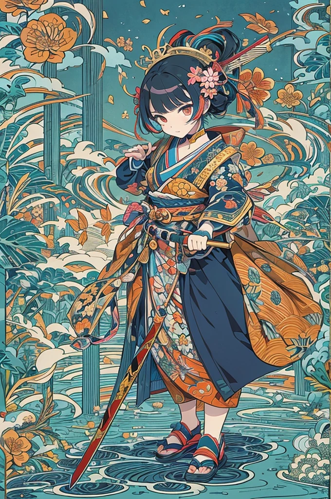 popart,flat color,ukiyoe-style,(best quality, masterpiece, ultra high-resolution, ultra-detailed: 1.2),A vibrant and colorful illustration of an anime-style female samurai character with darkblue wavy-short hair, tween,holding her sword in front of her face. She is wearing traditional Japanese adorned with floral patterns, a backdrop filled with colorful patterns representing ancient symbols and floral motifs. The background is richly detailed with geometric shapes that add depth to their figure's presence., creating a whimsical atmosphere. The background features bold colors and intricate designs that add to the overall visual appeal. This artwork showcases vivid hues, intricate details on both attire and armor, capturing movement as she walks forward in the style of intricate details on both attire and armor, capturing movement as she walks forward.