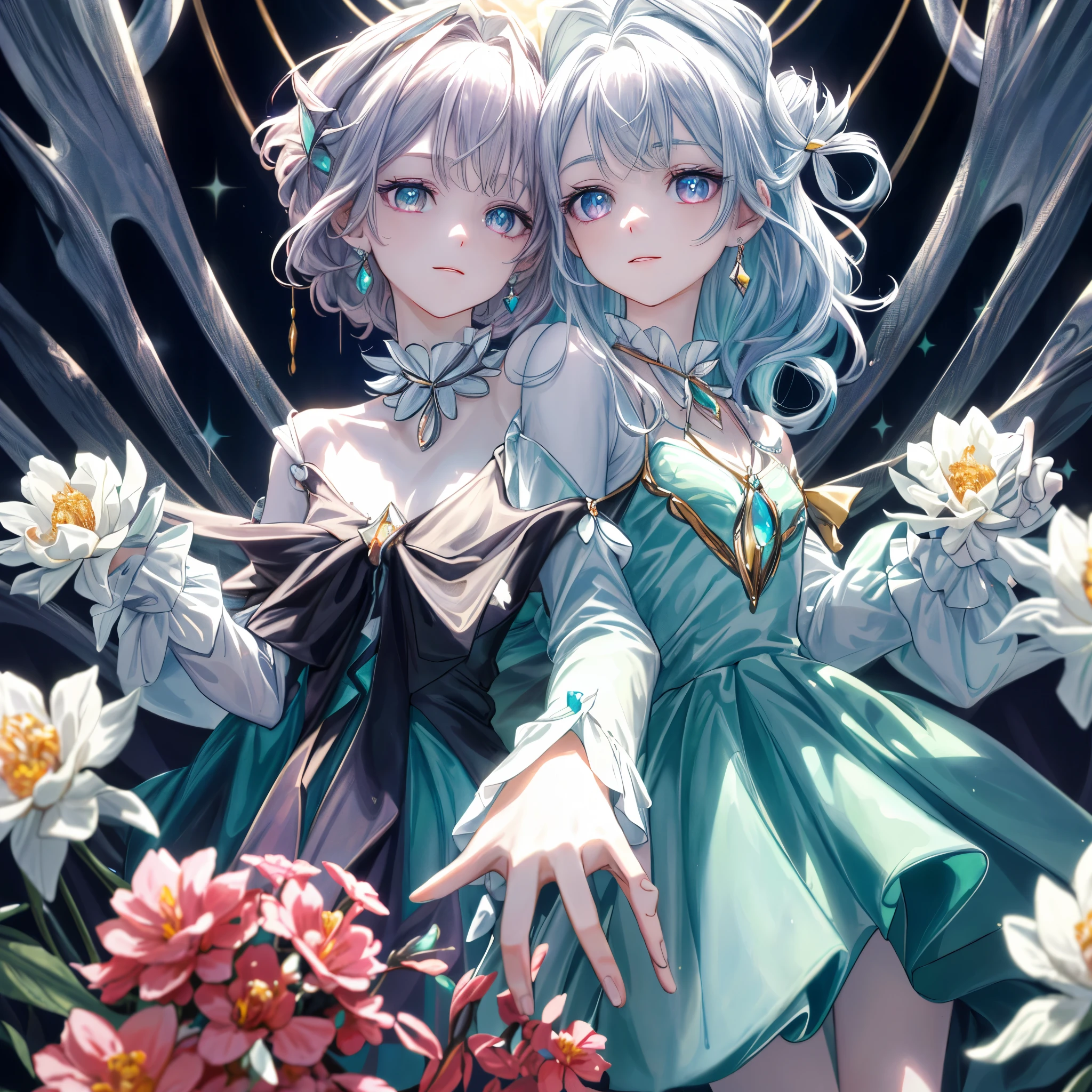 masterpiece, highest quality, figure, alexandrite eyes and hair, platinum earrings, Platinum Necklace, white dress, The Little Mermaid, cute, (dynamic lighting:1.2), cinematic lighting, delicate features, fine eyes, sharp pupils, realistic student, Depth of bounds written, Bokeh, sharp focus, (very detailed, bloom, shine:1.4), Many Small Gems